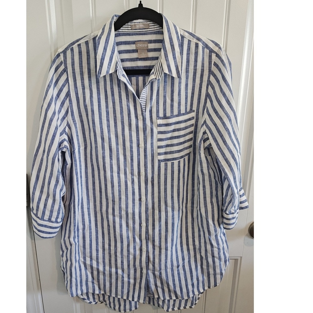 Women Size tag 1.5 US‎ 10 Chico's Blue White Striped Linen Button Down Shirt - Picture 3 of 16